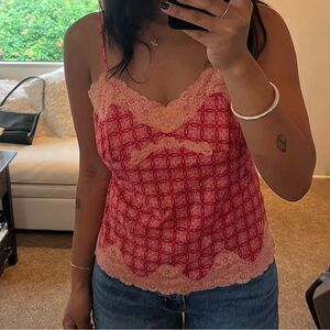 Express Y2K Vintage Beaded Pink Lace Trim Cami Tank